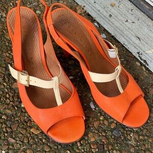 Chie Mihara Vibrant Orange and Cream Slingback Heels